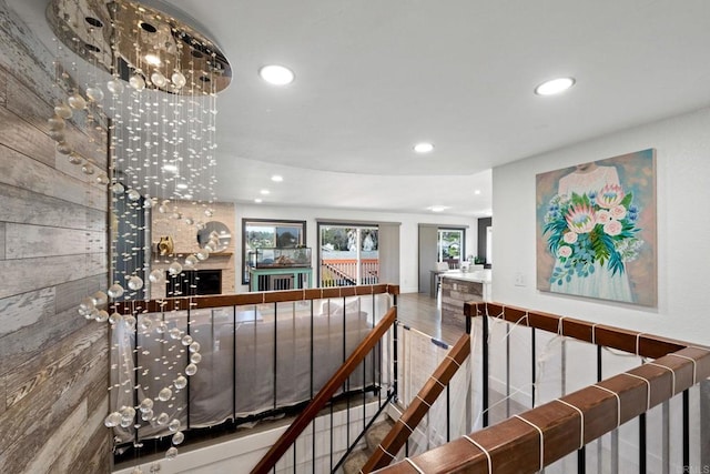 2548 Katherine Ct, El Cajon, CA 92020 - hallway with recessed lighting, an upstairs landing, wood finished floors, and a chandelier
