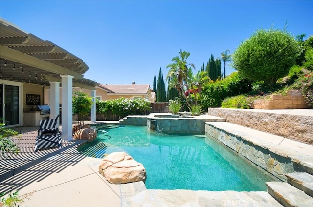 12430 Split Rein Dr, Rancho Cucamonga, CA 91739 - view of swimming pool featuring a pergola, a patio area, and a pool with connected hot tub