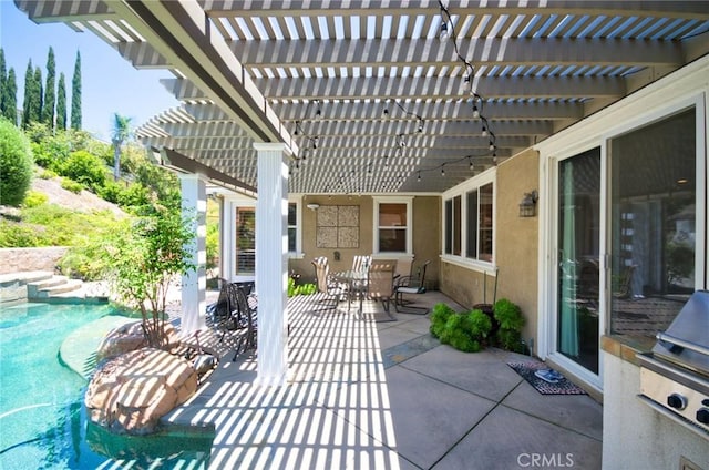 12430 Split Rein Dr, Rancho Cucamonga, CA 91739 - view of patio / terrace featuring outdoor dining space, a pergola, an outdoor pool, and area for grilling