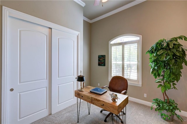 2096 E Olympic Ave, Fresno, CA 93730 - office space with carpet floors, ornamental molding, plenty of natural light, ceiling fan, and baseboards