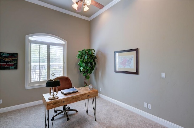 2096 E Olympic Ave, Fresno, CA 93730 - office with a ceiling fan, carpet flooring, baseboards, and crown molding