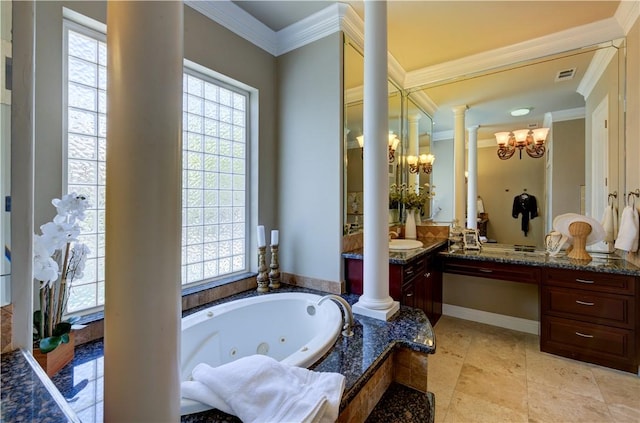 2096 E Olympic Ave, Fresno, CA 93730 - bathroom with decorative columns, a chandelier, ornamental molding, vanity, and a tub with jets