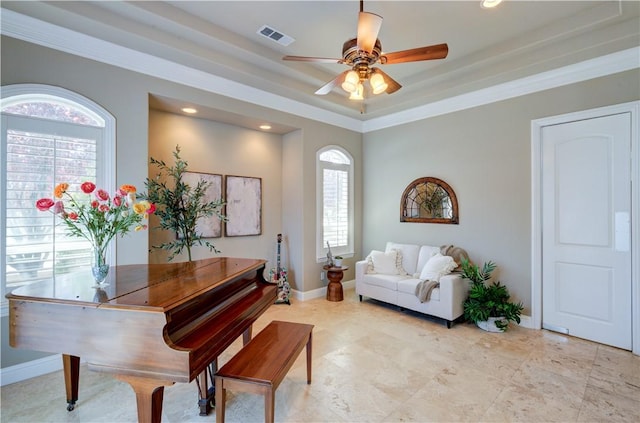2096 E Olympic Ave, Fresno, CA 93730 - sitting room with baseboards, a ceiling fan, recessed lighting, a tray ceiling, and crown molding