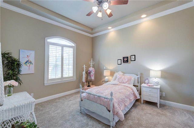 2096 E Olympic Ave, Fresno, CA 93730 - carpeted bedroom with a tray ceiling, ornamental molding, baseboards, recessed lighting, and a ceiling fan