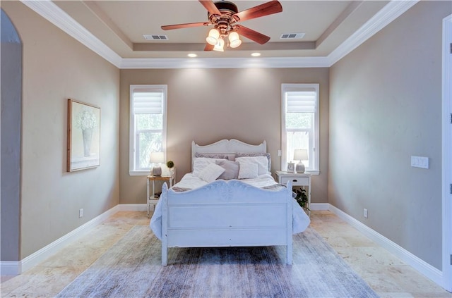 2096 E Olympic Ave, Fresno, CA 93730 - bedroom featuring a raised ceiling, ornamental molding, ceiling fan, and baseboards