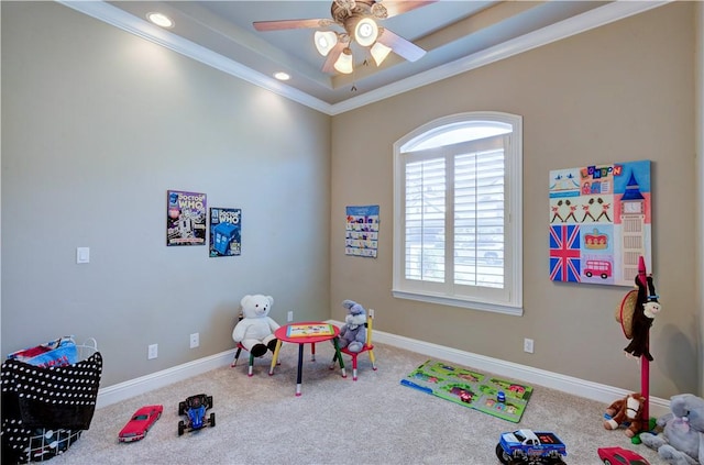 2096 E Olympic Ave, Fresno, CA 93730 - rec room featuring ornamental molding, carpet floors, ceiling fan, baseboards, and recessed lighting