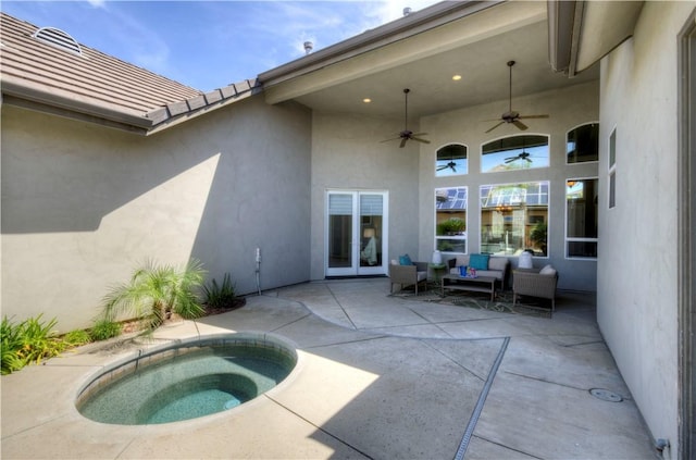 2096 E Olympic Ave, Fresno, CA 93730 - view of pool featuring an outdoor living space, a patio, ceiling fan, and an in-ground hot tub