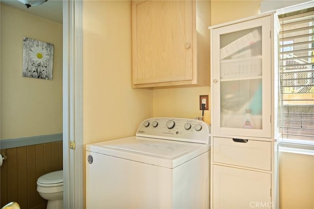 22864 Alder Ln, Crestline, CA 92325 - washroom with washer / clothes dryer, cabinet space, and wainscoting