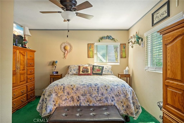 22864 Alder Ln, Crestline, CA 92325 - carpeted bedroom with ceiling fan and crown molding