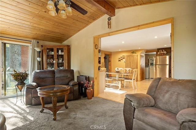 22864 Alder Ln, Crestline, CA 92325 - carpeted living room featuring wood ceiling, recessed lighting, ceiling fan, and washer / clothes dryer