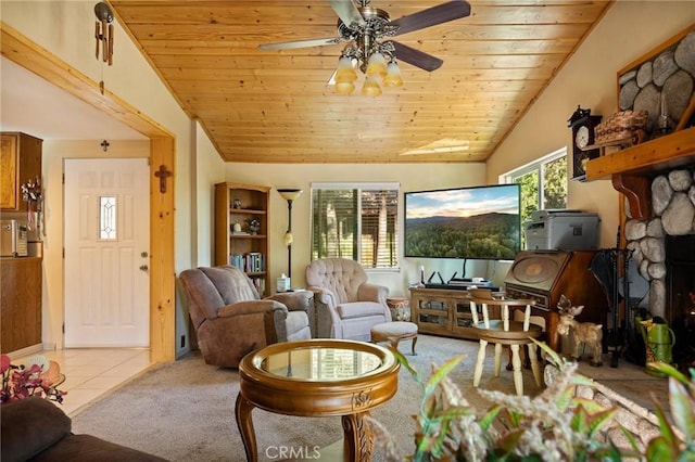 22864 Alder Ln, Crestline, CA 92325 - tiled living area featuring vaulted ceiling, wooden ceiling, and ceiling fan
