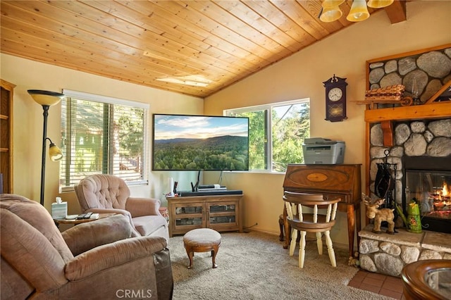 22864 Alder Ln, Crestline, CA 92325 - living area with vaulted ceiling, wood ceiling, carpet floors, a stone fireplace, and baseboards