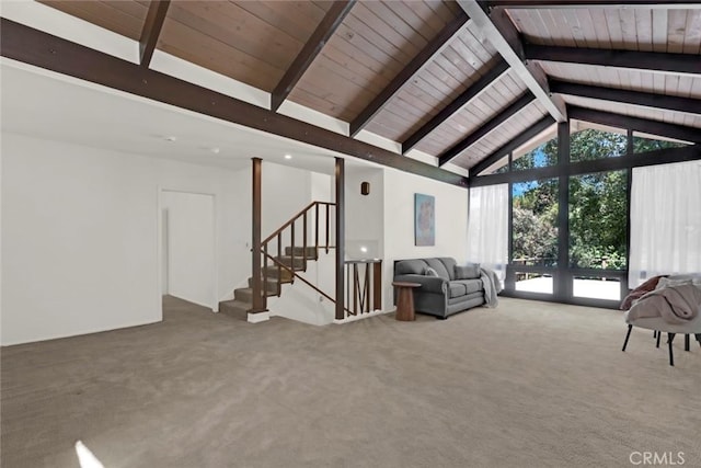 8402 Mcgroarty St, Sunland, CA 91040 - living room featuring carpet floors, high vaulted ceiling, wooden ceiling with exposed beams, and stairway