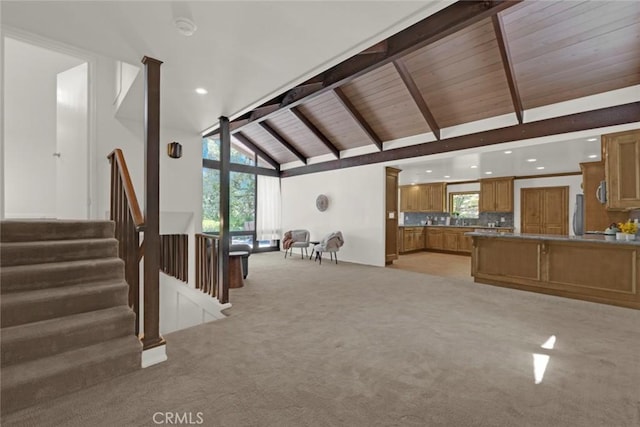 8402 Mcgroarty St, Sunland, CA 91040 - living area with light carpet, healthy amount of natural light, stairway, recessed lighting, and wood ceiling