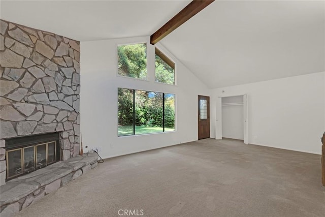 8402 Mcgroarty St, Sunland, CA 91040 - unfurnished living room featuring high vaulted ceiling, carpet flooring, a fireplace, and beam ceiling