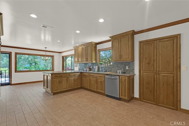 8402 Mcgroarty St, Sunland, CA 91040 - kitchen with stainless steel dishwasher, a sink, a peninsula, light wood-style flooring, and decorative backsplash