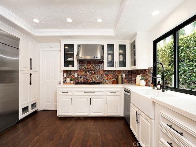 28021 Camino Santo Domingo, San Juan Capistrano, CA 92675 - bar featuring extractor fan, appliances with stainless steel finishes, dark wood finished floors, tasteful backsplash, and ornamental molding