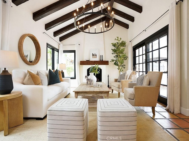 28021 Camino Santo Domingo, San Juan Capistrano, CA 92675 - living room with beamed ceiling, a chandelier, and high vaulted ceiling