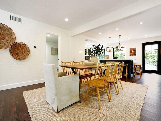 28021 Camino Santo Domingo, San Juan Capistrano, CA 92675 - dining room with wood finished floors, beamed ceiling, baseboards, recessed lighting, and a dry bar