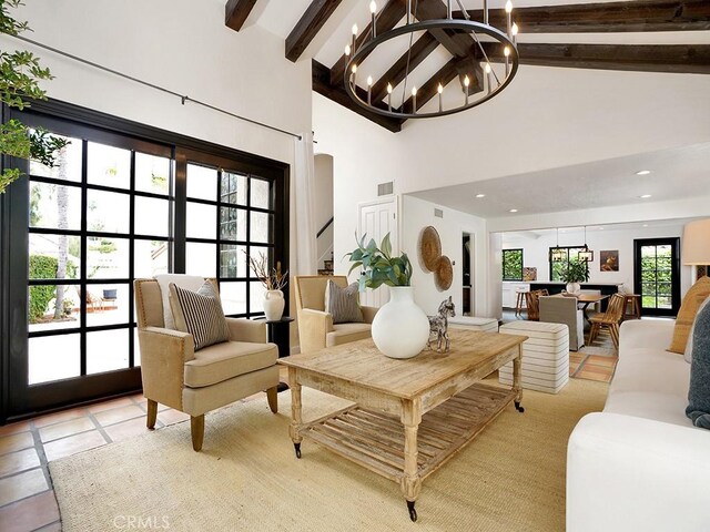 28021 Camino Santo Domingo, San Juan Capistrano, CA 92675 - living room with beamed ceiling, high vaulted ceiling, a chandelier, light tile patterned floors, and recessed lighting