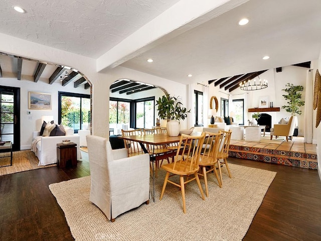 28021 Camino Santo Domingo, San Juan Capistrano, CA 92675 - dining space featuring wood finished floors, beamed ceiling, plenty of natural light, recessed lighting, and baseboards