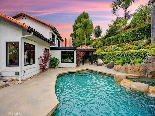 28021 Camino Santo Domingo, San Juan Capistrano, CA 92675 - pool at dusk featuring a patio and a gazebo