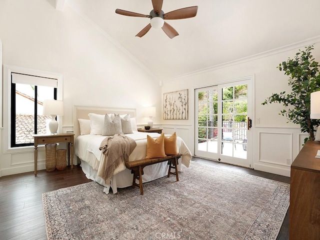 28021 Camino Santo Domingo, San Juan Capistrano, CA 92675 - bedroom with a decorative wall, crown molding, access to exterior, lofted ceiling, and wood finished floors