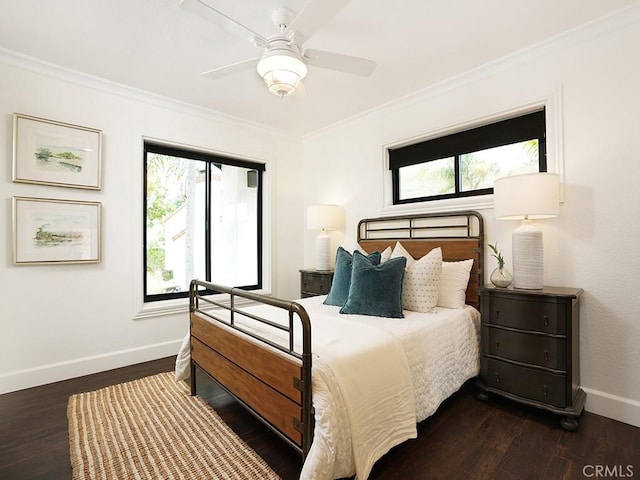 28021 Camino Santo Domingo, San Juan Capistrano, CA 92675 - bedroom with baseboards, crown molding, dark wood-type flooring, and a ceiling fan