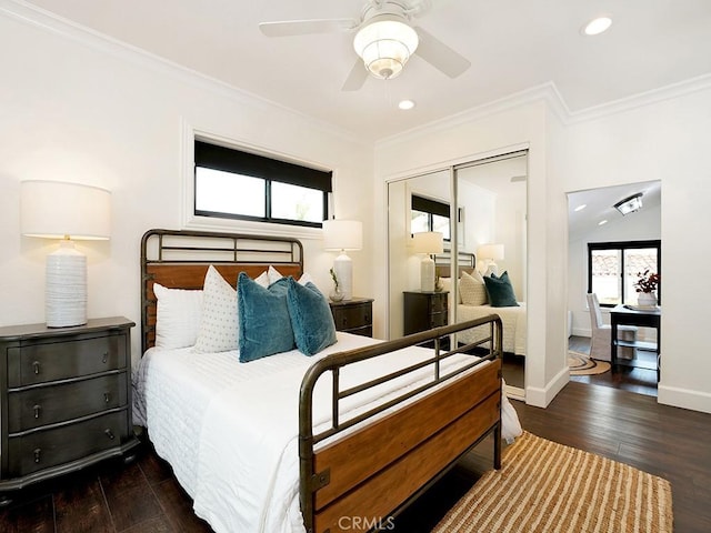 28021 Camino Santo Domingo, San Juan Capistrano, CA 92675 - bedroom featuring wood-type flooring, crown molding, recessed lighting, baseboards, and a closet