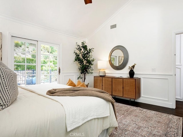28021 Camino Santo Domingo, San Juan Capistrano, CA 92675 - bedroom with access to outside, vaulted ceiling, crown molding, wood finished floors, and a decorative wall