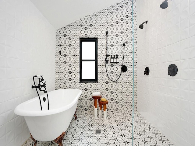 28021 Camino Santo Domingo, San Juan Capistrano, CA 92675 - full bathroom featuring tile walls, a freestanding tub, a walk in shower, and vaulted ceiling