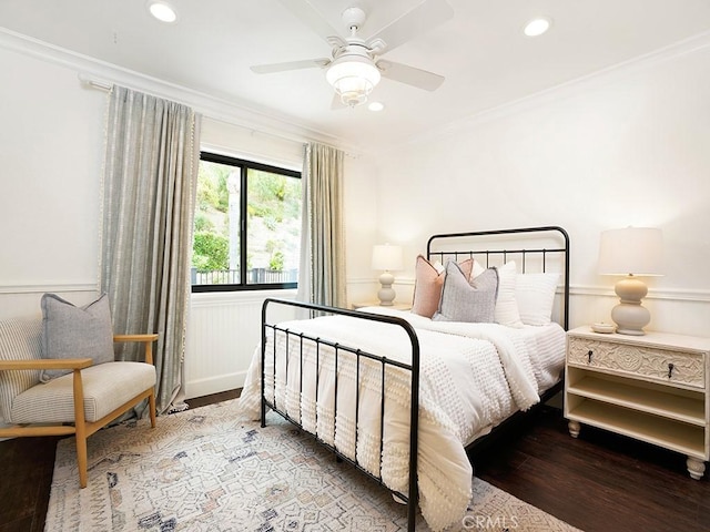 28021 Camino Santo Domingo, San Juan Capistrano, CA 92675 - bedroom featuring wood finished floors, ornamental molding, wainscoting, recessed lighting, and ceiling fan