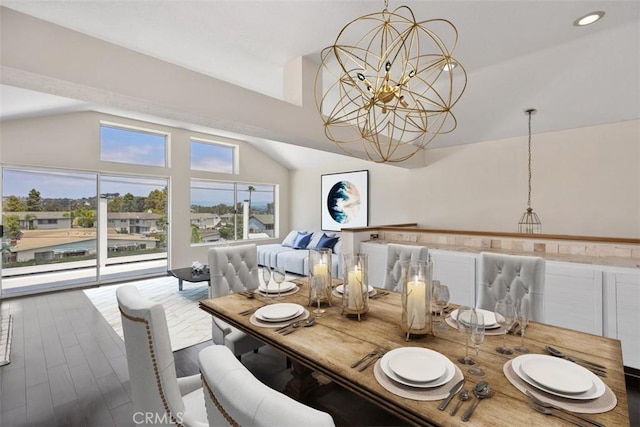 24851 Seagate Dr, Dana Point, CA 92629 - dining room with a chandelier, wood finished floors, recessed lighting, and high vaulted ceiling