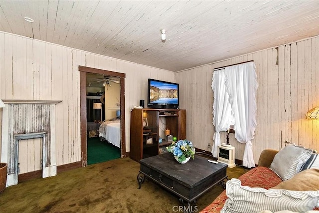 2368 E 107th St, Los Angeles, CA 90002 - living area featuring wood walls, wood ceiling, a ceiling fan, and carpet