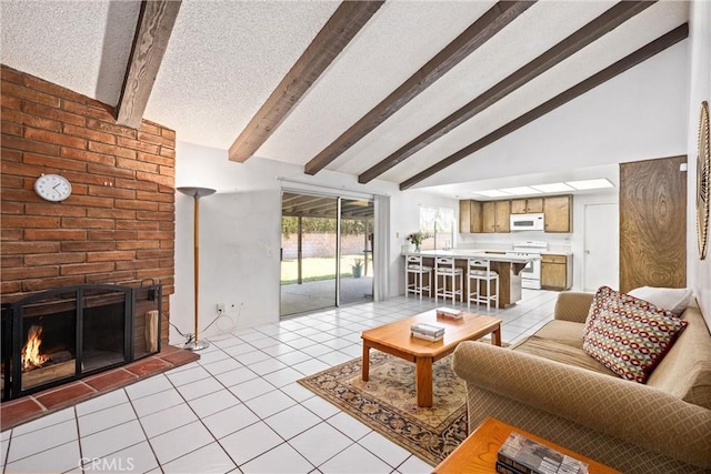 6145 Jasper St, Rancho Cucamonga, CA 91701 - living room with high vaulted ceiling, beam ceiling, light tile patterned flooring, and a fireplace