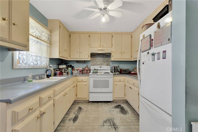 5635 Honeyhill Rd Unit A & B, Oak Hills, CA 92344 - kitchen featuring white appliances, cream cabinets, and under cabinet range hood