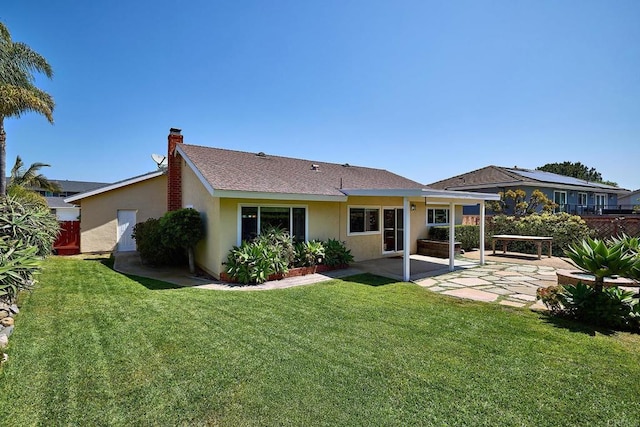 723 Fresca Ct, Solana Beach, CA 92075 - back of house with a patio area, a chimney, stucco siding, and roof with shingles