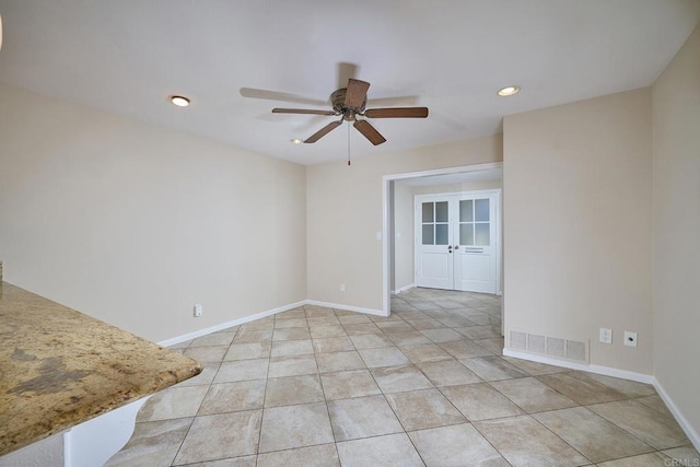 723 Fresca Ct, Solana Beach, CA 92075 - unfurnished room featuring french doors, a ceiling fan, light tile patterned floors, recessed lighting, and baseboards