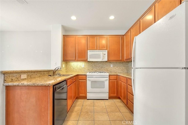 1080 Athens Way, Upland, CA 91786 - kitchen featuring white appliances, a sink, decorative backsplash, light tile patterned floors, and light stone counters