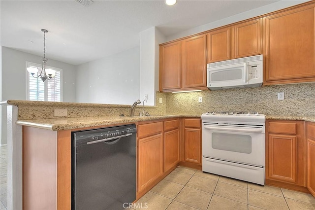1080 Athens Way, Upland, CA 91786 - kitchen featuring white appliances, a sink, tasteful backsplash, a peninsula, and light tile patterned floors
