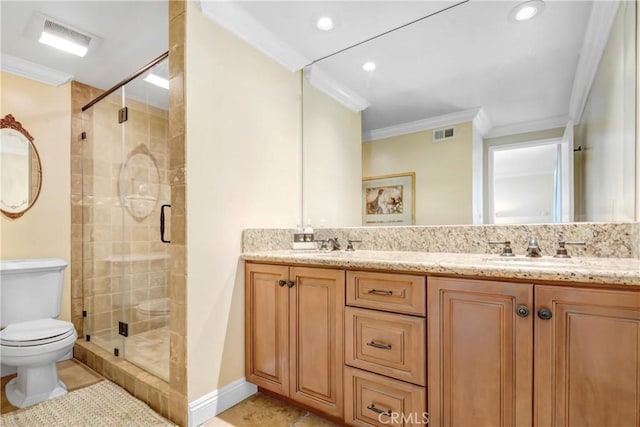 8640 Lindante Dr, Whittier, CA 90603 - full bathroom with crown molding, toilet, a shower stall, double vanity, and tile patterned floors