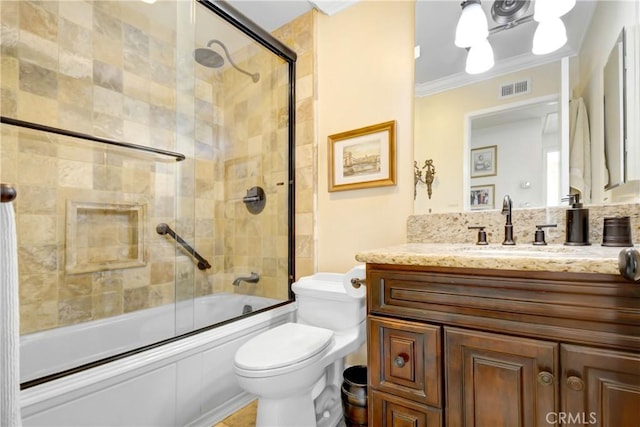 8640 Lindante Dr, Whittier, CA 90603 - bathroom with toilet, vanity, combined bath / shower with glass door, and crown molding