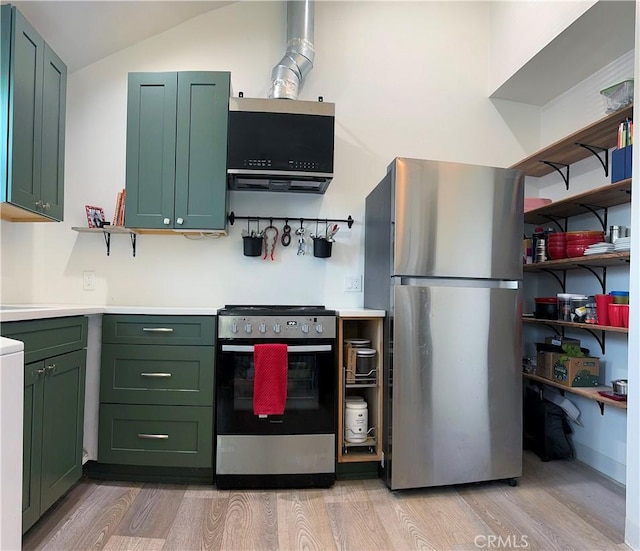 11529 De Celis Pl, Granada Hills, CA 91344 - kitchen with stainless steel appliances, green cabinetry, open shelves, light wood-type flooring, and light countertops
