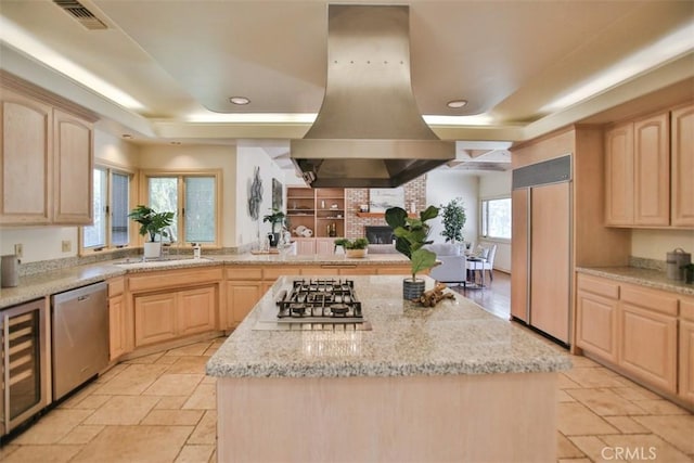 3624 Hollins Ave, Claremont, CA 91711 - kitchen with light brown cabinetry, appliances with stainless steel finishes, a sink, and recessed lighting