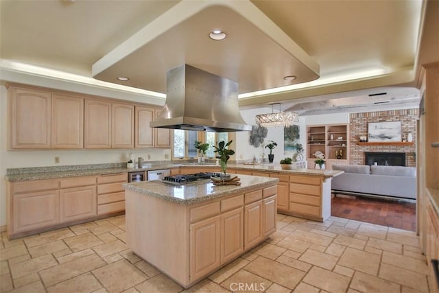 3624 Hollins Ave, Claremont, CA 91711 - kitchen with light brown cabinetry, island range hood, a center island, stone tile floors, and recessed lighting