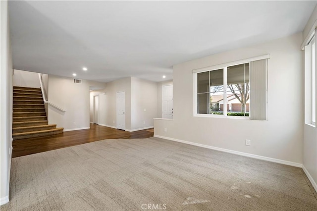 31484 Britton Cir, Temecula, CA 92591 - unfurnished living room with carpet, recessed lighting, stairway, and baseboards