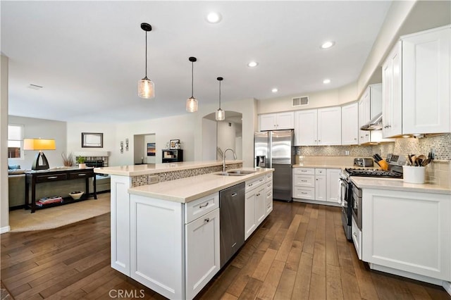 31484 Britton Cir, Temecula, CA 92591 - kitchen with appliances with stainless steel finishes, under cabinet range hood, a sink, open floor plan, and dark wood-style floors