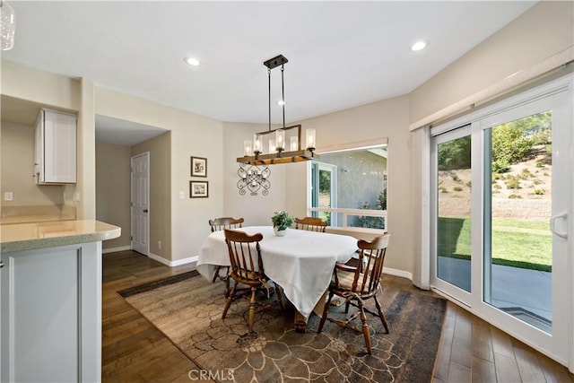 31484 Britton Cir, Temecula, CA 92591 - dining area with dark wood finished floors, recessed lighting, baseboards, and a chandelier