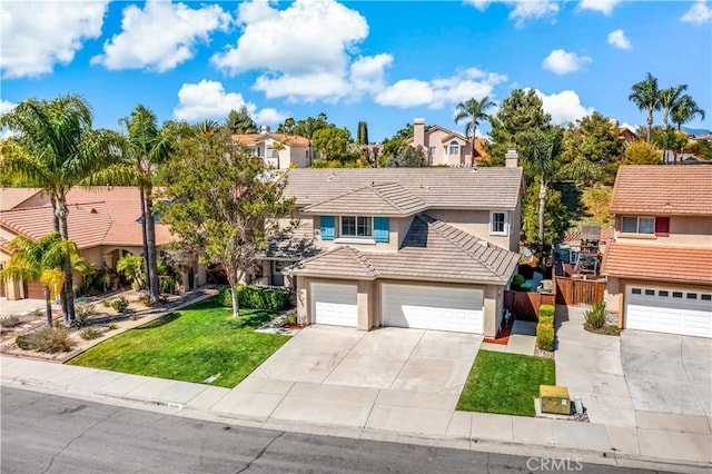 31484 Britton Cir, Temecula, CA 92591 - traditional-style house featuring a tile roof, stucco siding, concrete driveway, a garage, and a chimney
