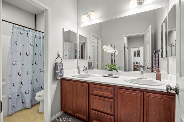 3245 Moss Landing Blvd, Oxnard, CA 93036 - full bath featuring toilet, double vanity, tile patterned flooring, and shower / bath combination with curtain
